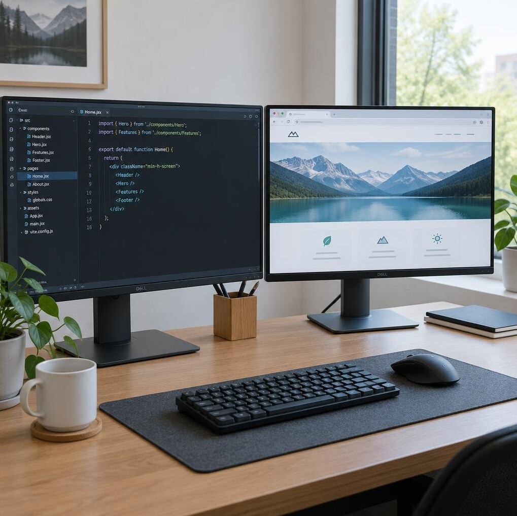 Two computer monitors on a desk displaying a code editor and a browser window
