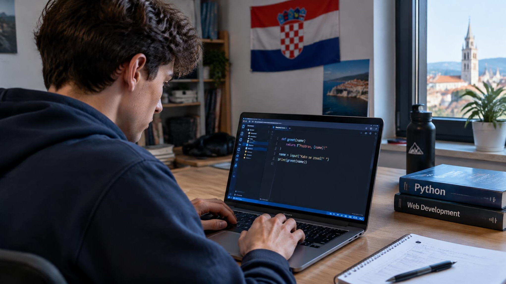 young croatian student coding on laptop
