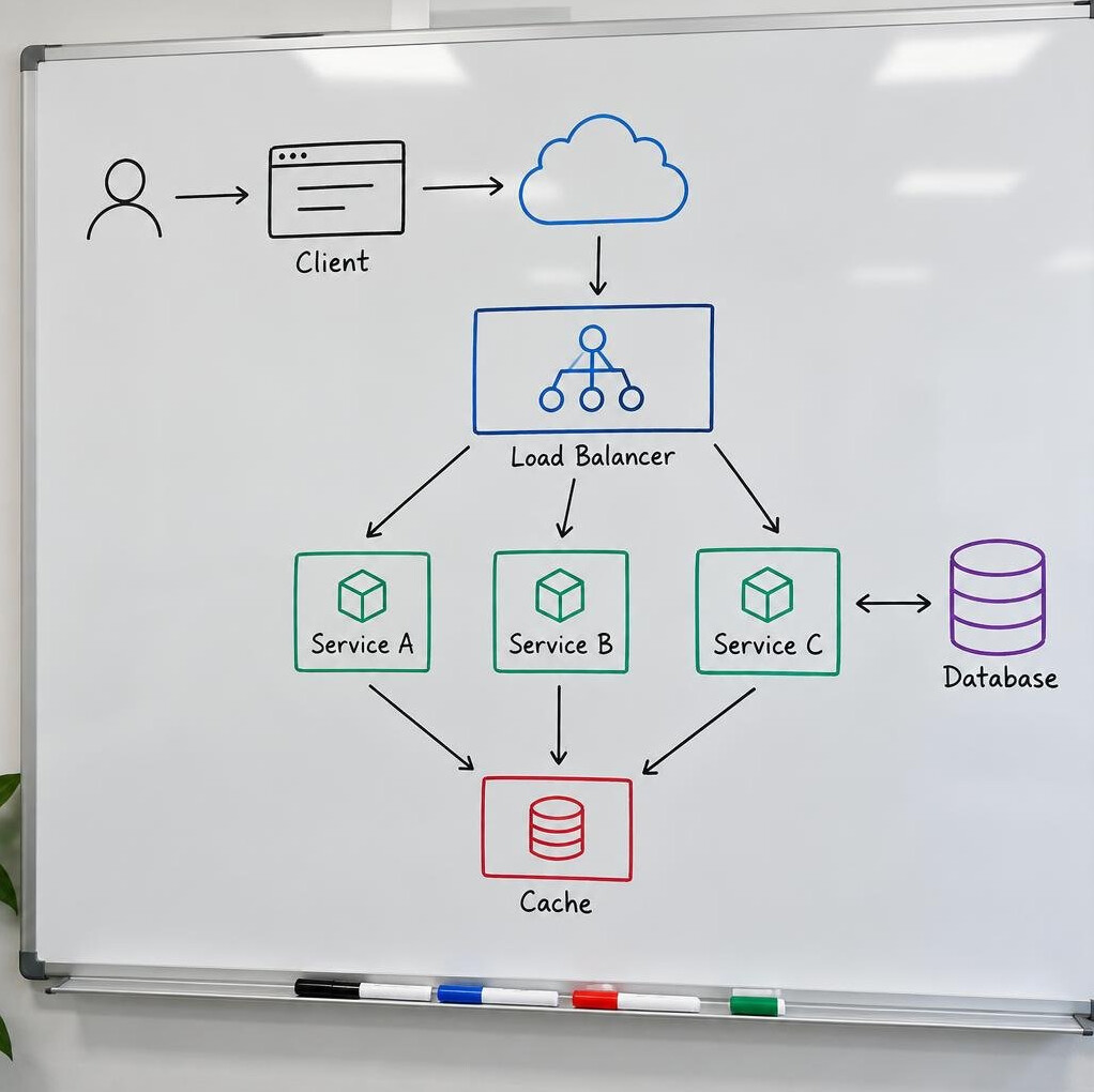 Whiteboard covered with a hand-drawn flowchart and diagrams