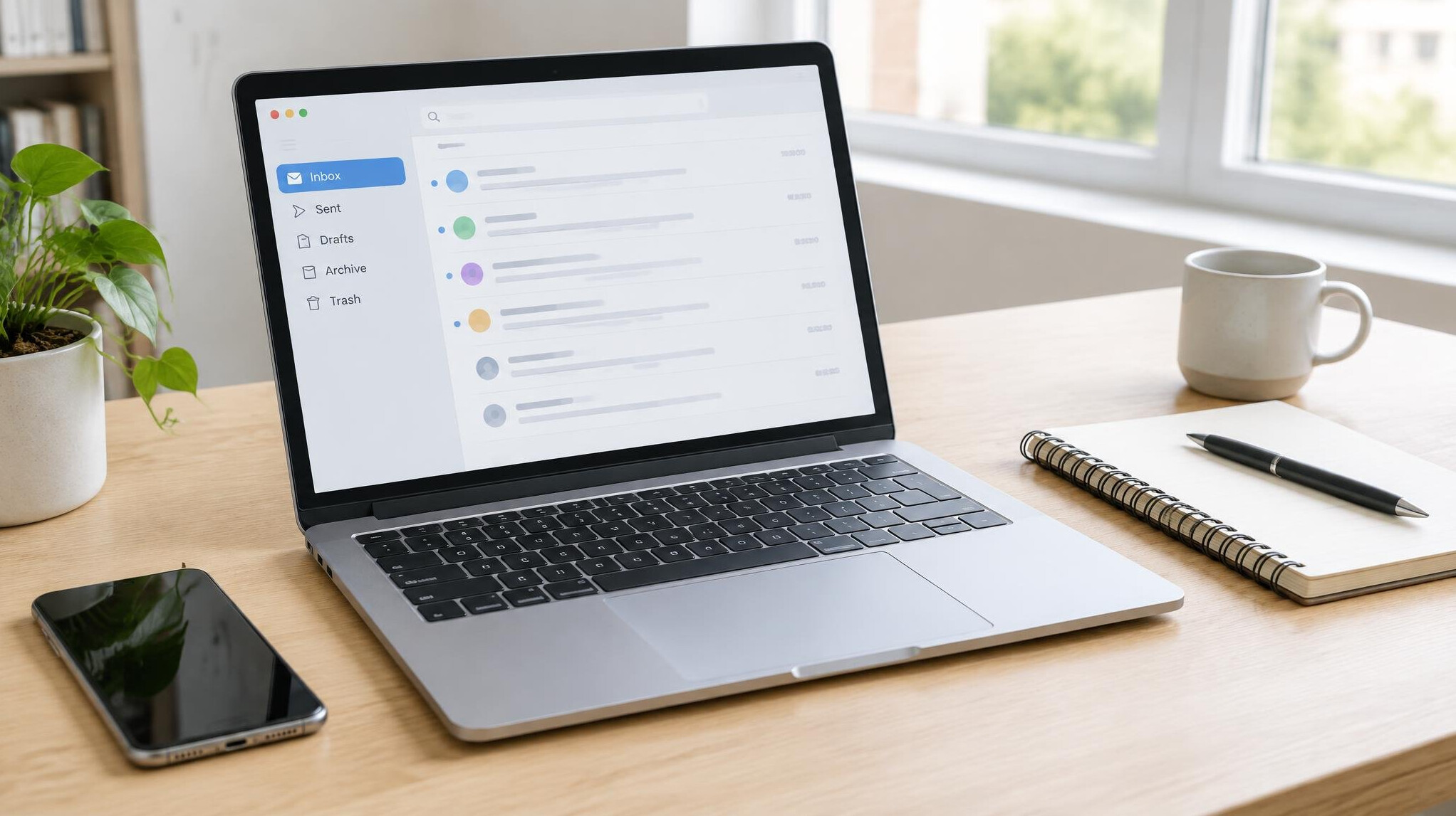 Open laptop on a desk showing an email inbox interface