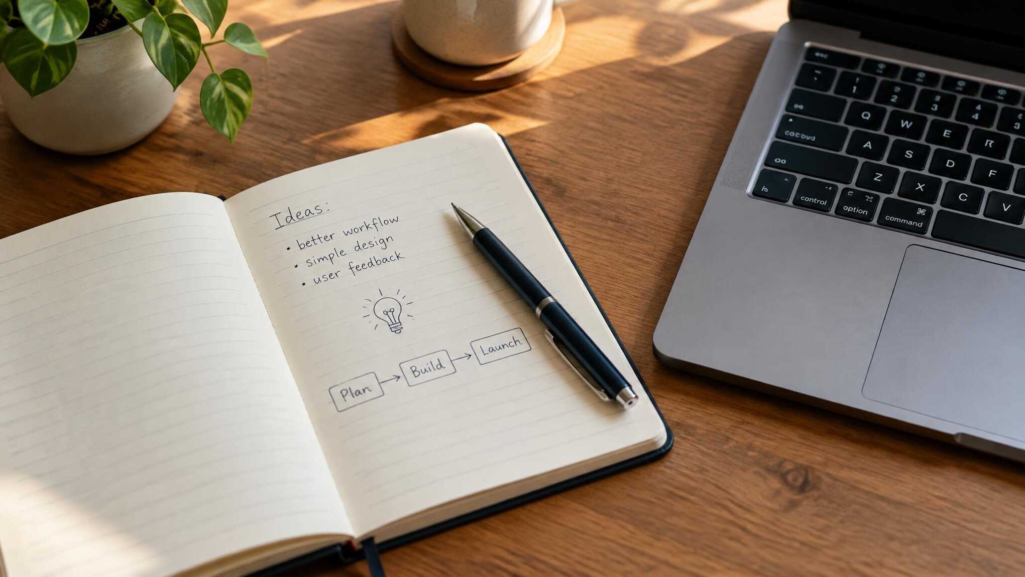 Open notebook with a pen beside a laptop keyboard